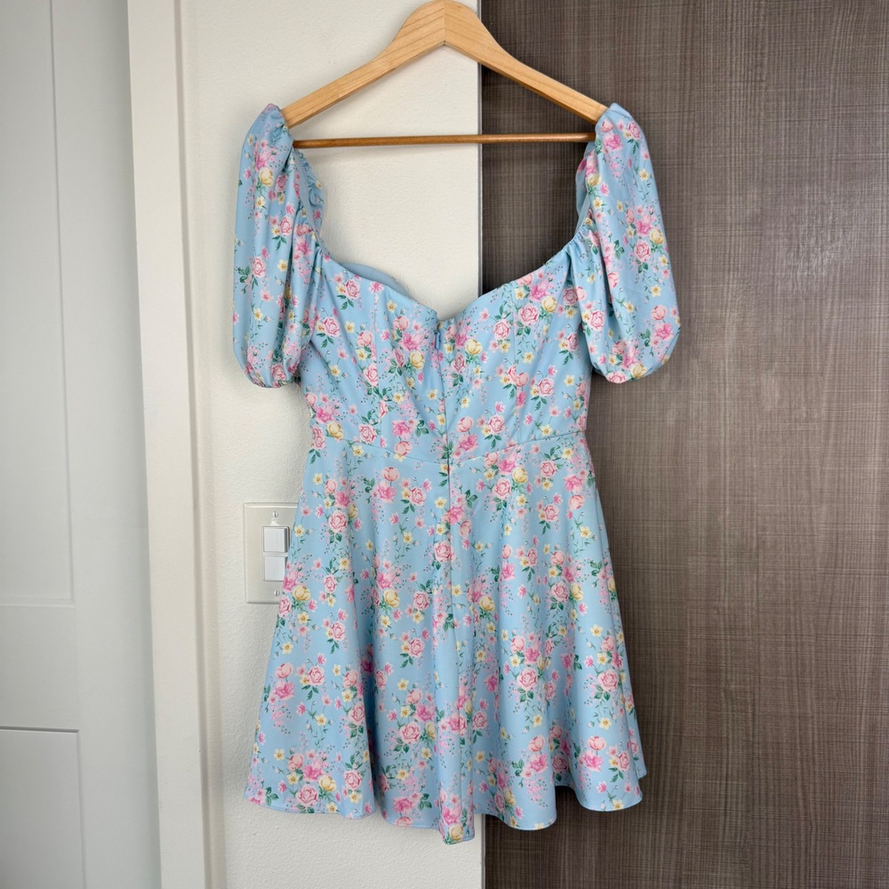 House of CB Blue Floral Aria Mini Sundress Puff Sleeve Size Medium - Picture 9 of 14